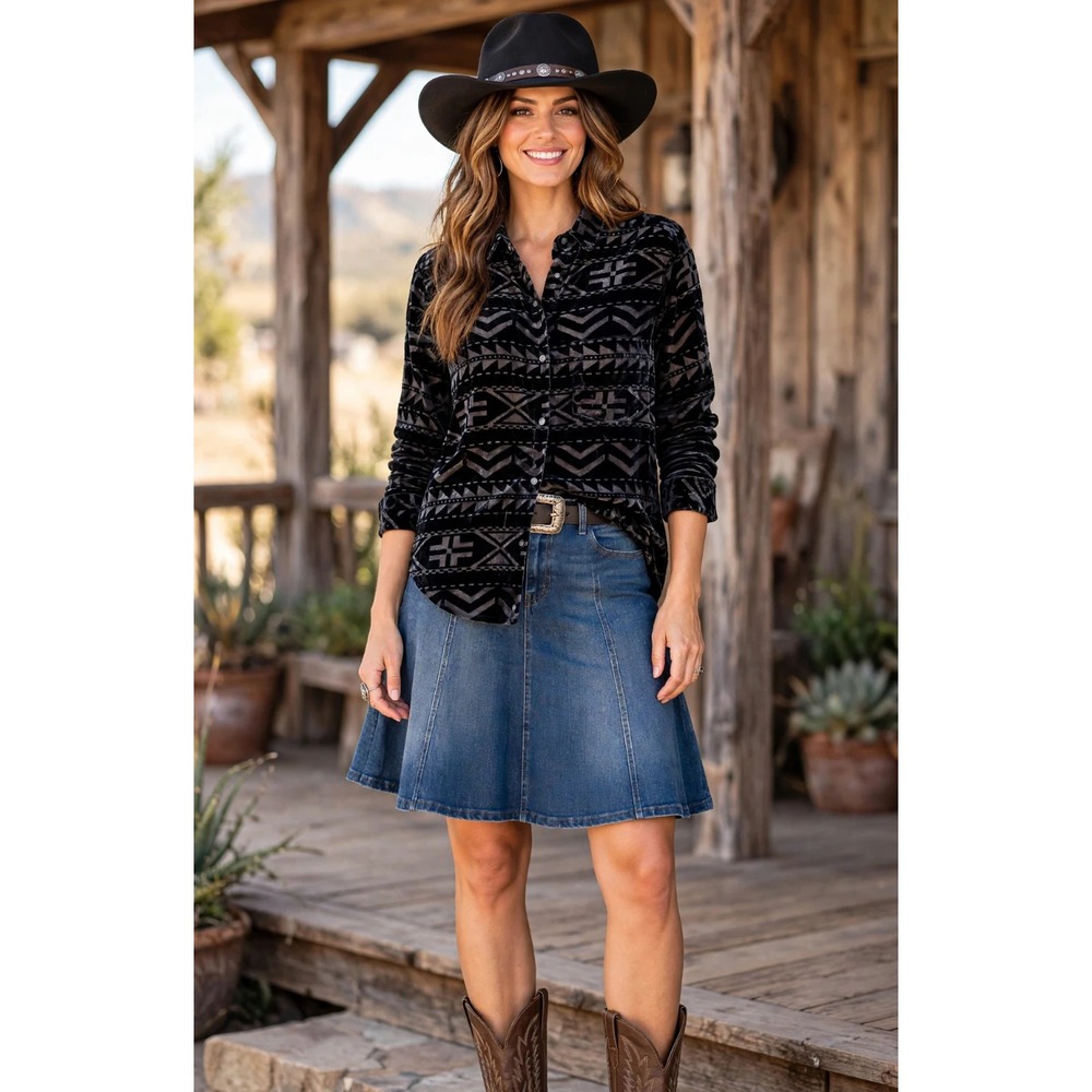 RL Denim & Supply Boyfriend Velvet Burnout Button-Up Shirt M Western Tribal NWT